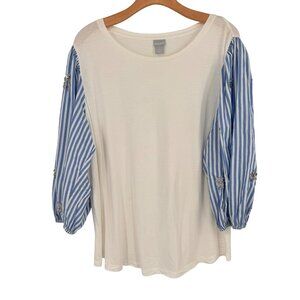 Chicos 3 Womens White  Blue Striped Sleeve Top Embellishments size XL
